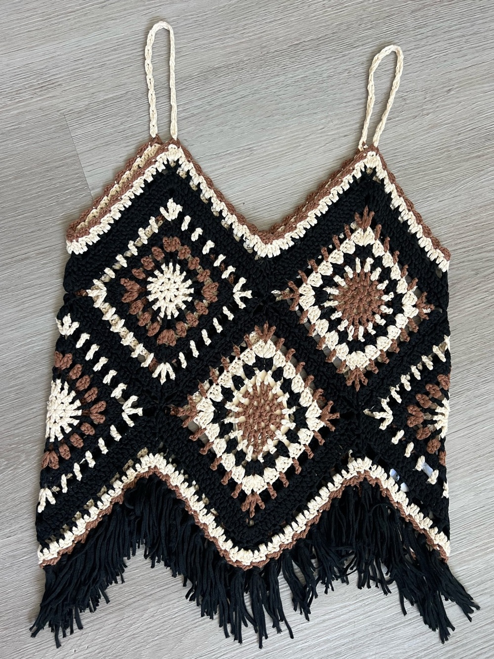 Elan Crochet Granny Square Fringe Tank Top Size M